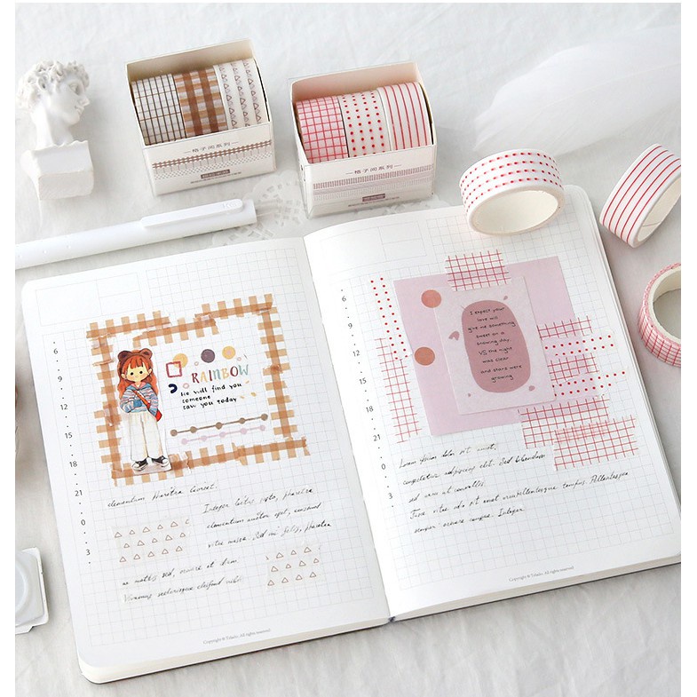 Bộ Washi tape băng dính dài 3m chấm bi/ kẻ Basic trang trí Bullet Journal, điện thoại