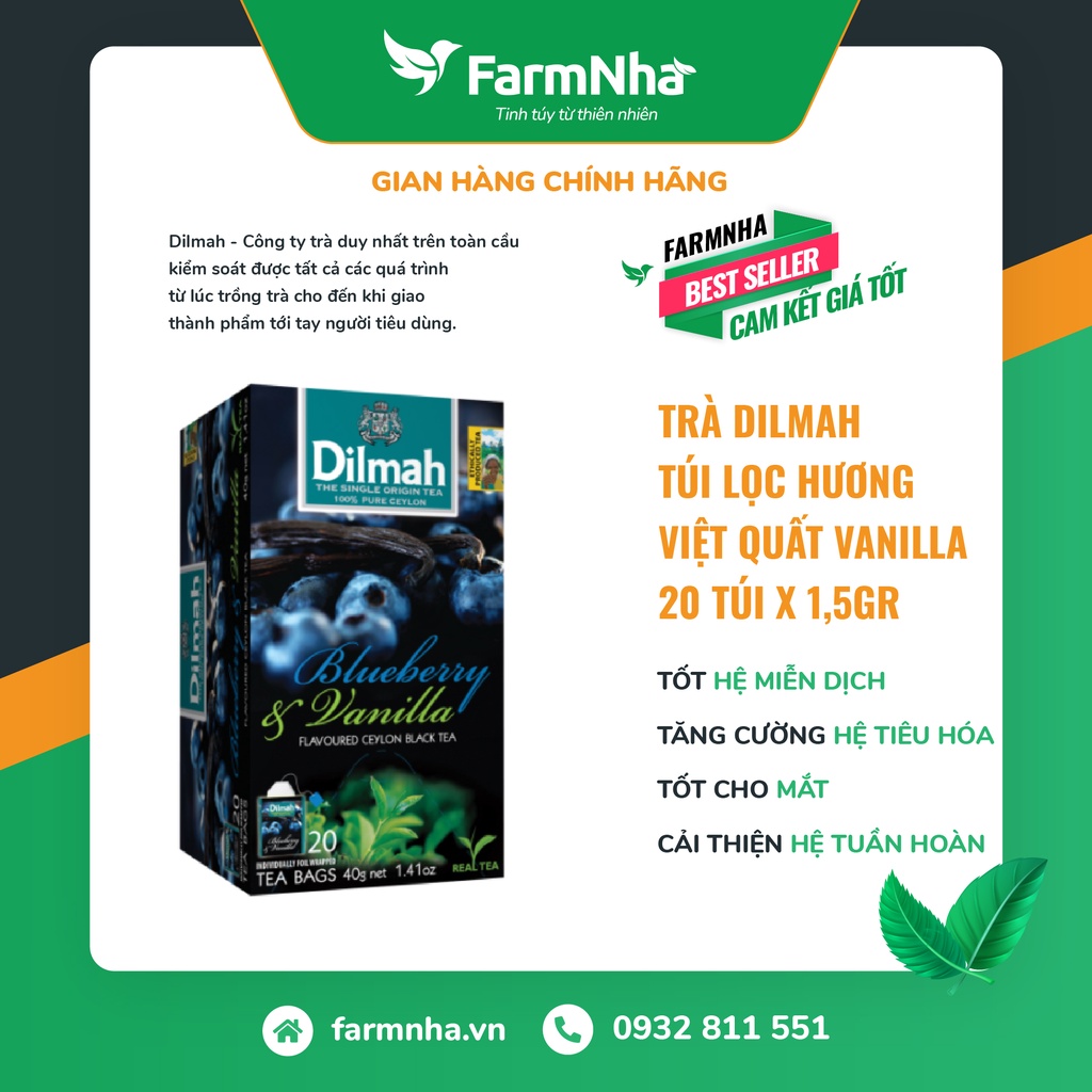 Trà Dilmah Blueberry & Vanilla (Hương việt quất & vanilla) túi lọc 30g 20 túi x 1.5g - Tinh hoa trà Sri Lanka