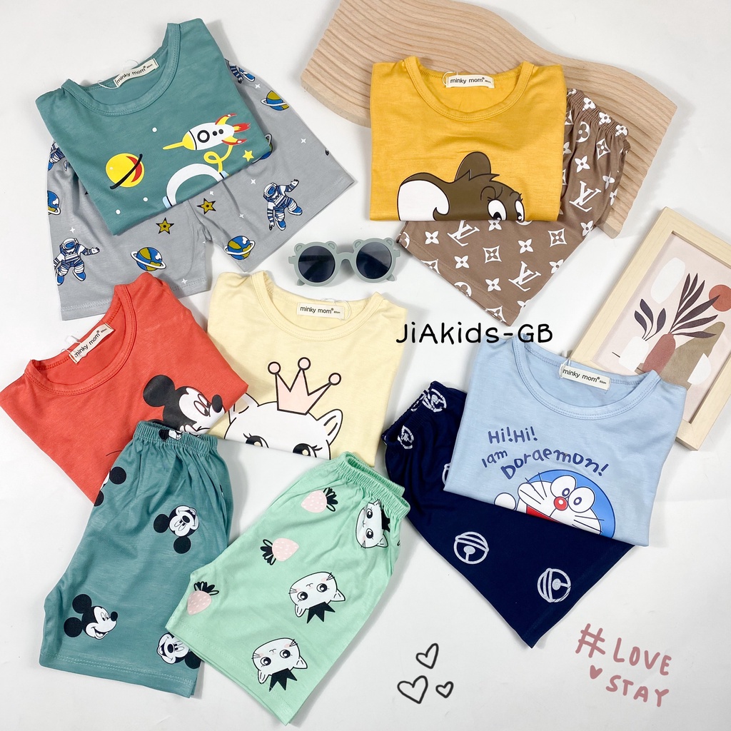 Bộ Cộc Tay THUN LẠNH MINKY MOM In Hình Nhân Vật Hoạt Hình Phối Quần Cho Bé TN-IN95