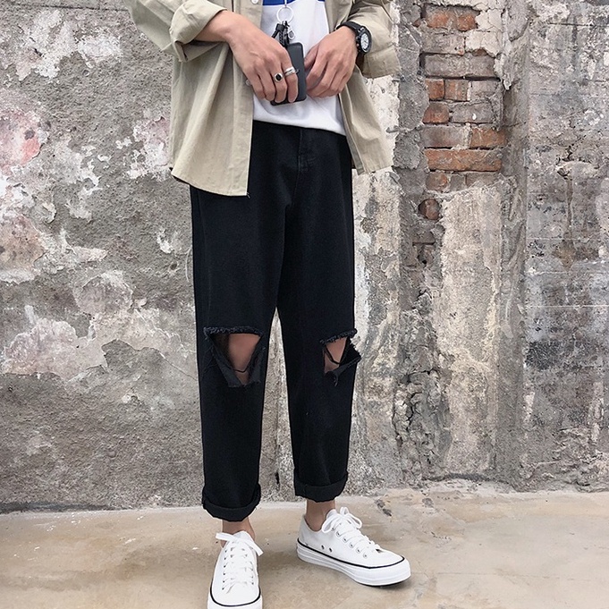 Quần Jean Baggy đen nam nữ ống rộng , rách gối , không phai màu - R06