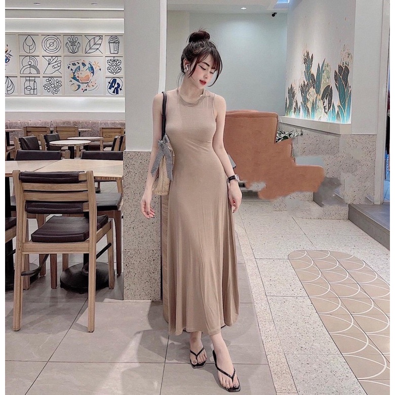 Váy maxi thun xòe sát nách, Đầm dáng dài cổ tròn co giãn VS1821 - NhiNhi Shop