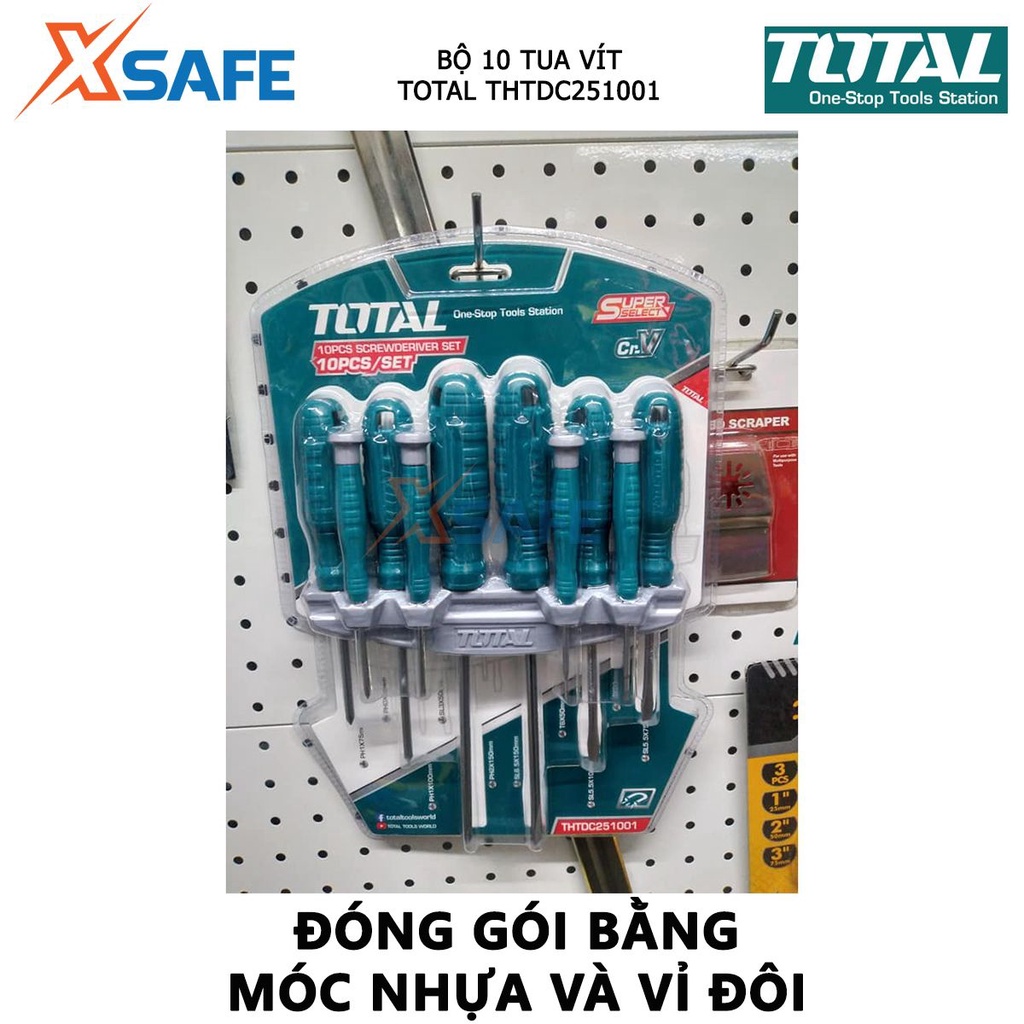 Bộ tuốc nơ vít đa năng 10 chi tiết TOTAL THTDC251001 | Bộ tua vít dẹp, bake, sao và tua vít chuẩn chất liệu thép CR-V
