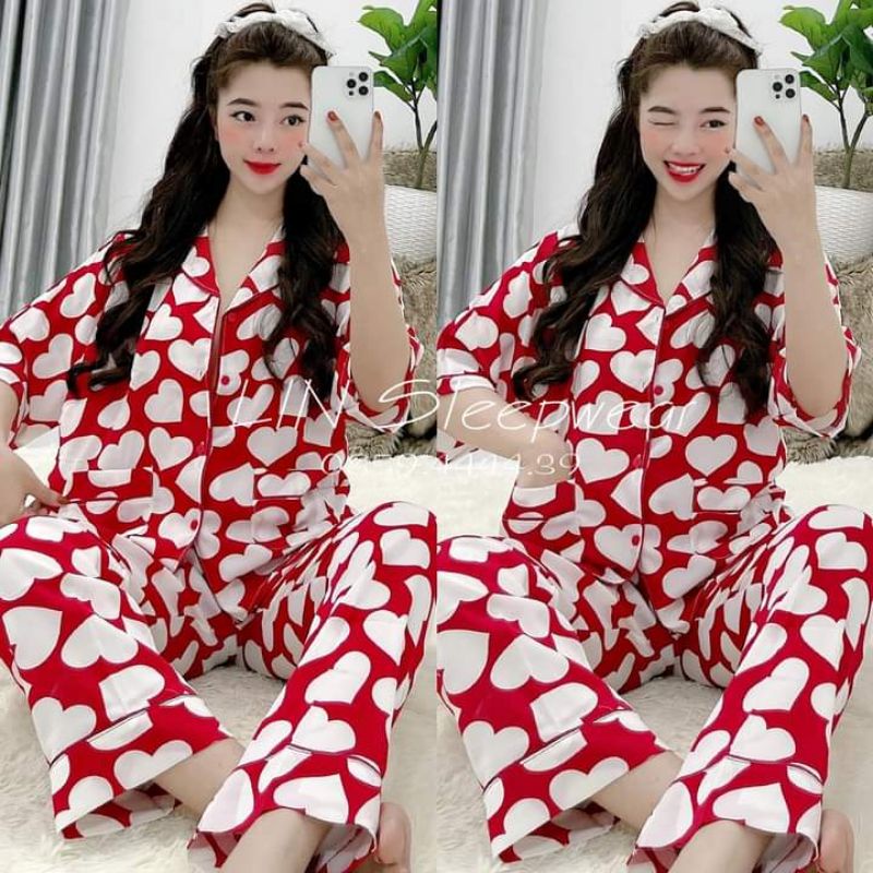 Set pijama cánh dơi họa tiết tim đỏ lụa mango loại 1 hàng comel