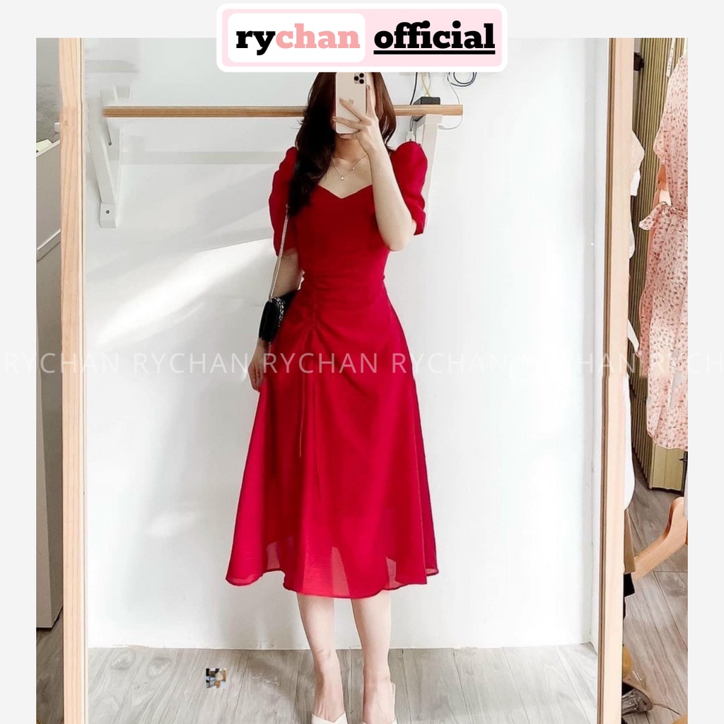 Đầm Xòe Midi Tay Phồng Rút Sườn 2 Màu Trắng Đỏ Sang Trọng [Ảnh Thật Cuối] - DX0071