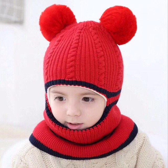 Mũ len quả bông trùm mặt cho bé từ 2 đến 6 tuổi ( màu ngẫu nhiên ) Tặng 01 móc chịu lực 3D ngẫu nhiên