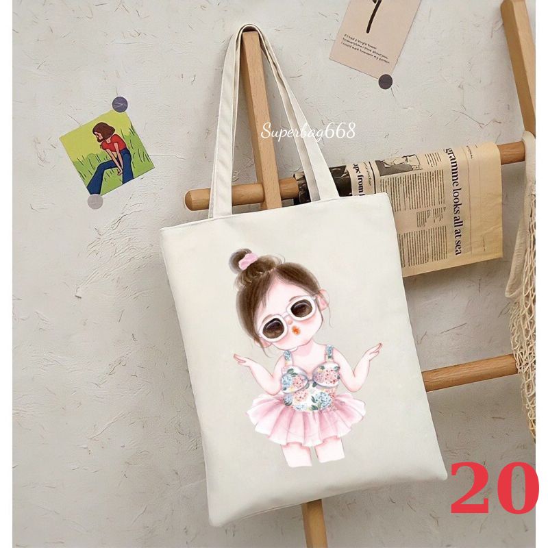 Túi vải canvas Hàn Quốc hoạ tiết cô gái tote đựng vừa A4 laptop đi chơi đi học Superbag668 HQ215
