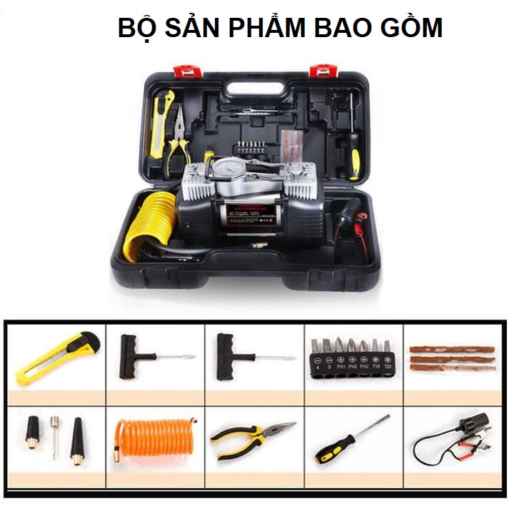 Bộ máy bơm lốp kèm phụ kiện ứng cứu, sửa chữa ô tô, công suất 276W, lưu lượng không khí 60L/phút