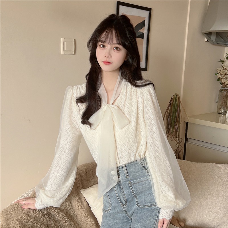 Áo kiểu Hàn Quốc dáng sơ mi tay dài thắt nơ phối voan ren kèm hình thật.