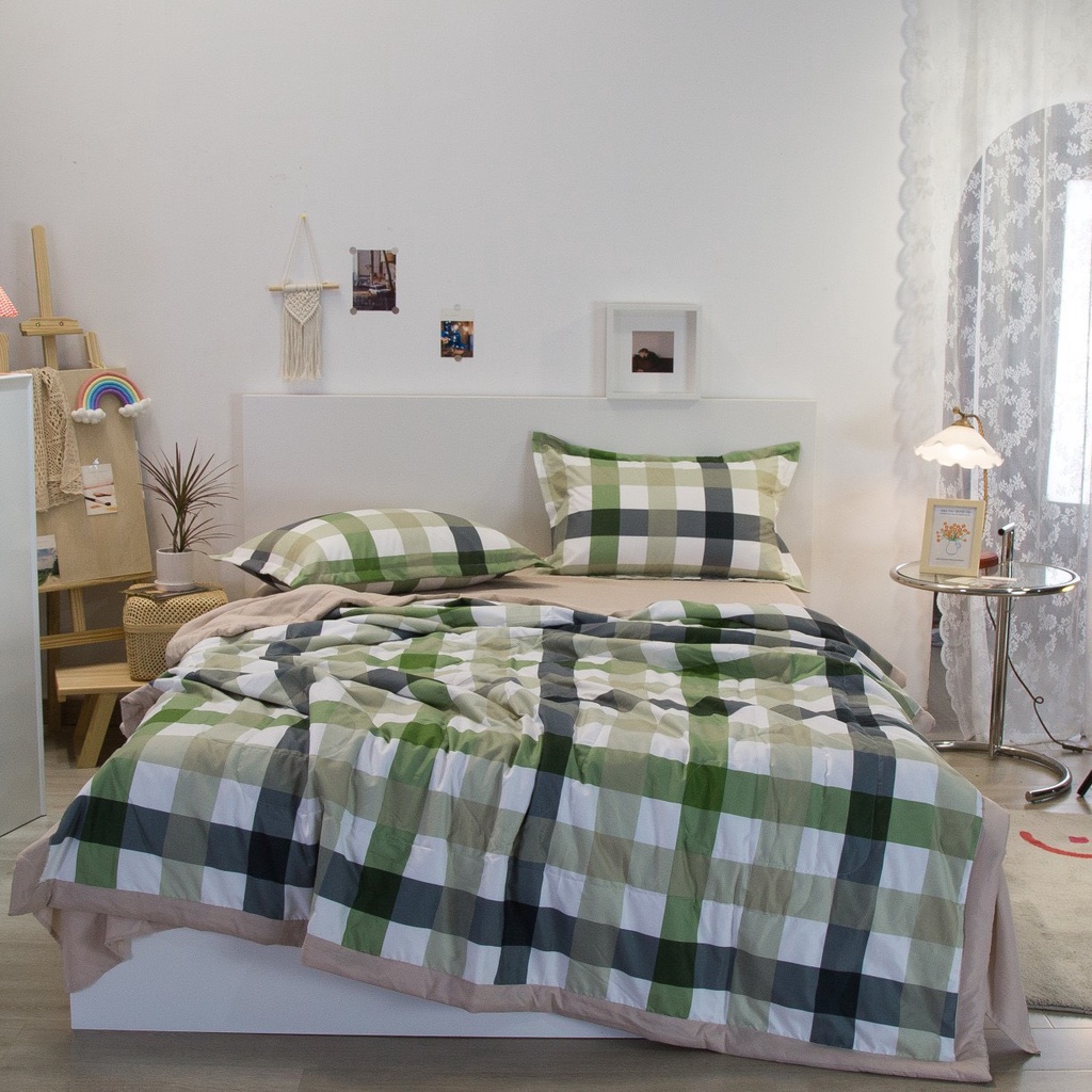 (HÀNG MỚI- Chất Đẹp ) Bộ Chăn Ga Gối Cotton Đũi✨ m6/m8/2m - Full size Tiệm Nhà Mêu✨ 2 Vỏ gối ,drap ,chăn chần Basic Caro | BigBuy360 - bigbuy360.vn