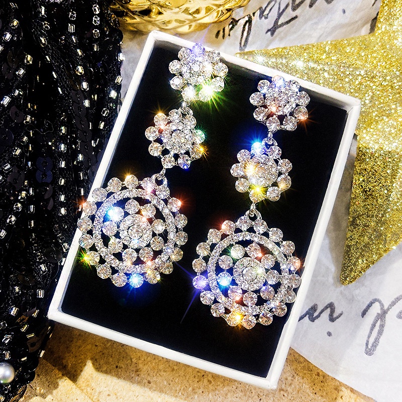 Bông Tai Mạ Bạc 925 Hình Tròn Đính Kim Cương Lấp Lánh Phong Cách Âu Mỹ