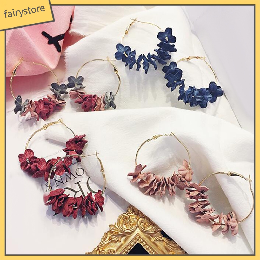 Khuyên tai kiểu dáng tròn đính hoa vải thời trang cho nữ