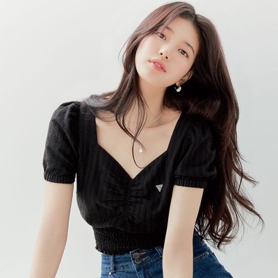 Bae Suzy Áo Thun Nữ Tay Ngắn Cổ Chữ V Phong Cách Retro