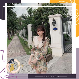 Đầm xòe gấm hoa phối cổ bèo tay dài!