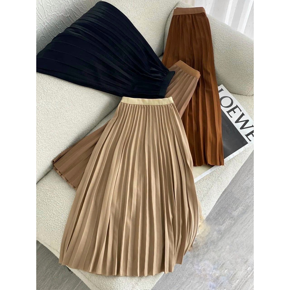 Chân váy midi trơn cạp chun xếp li dáng dài ulzzang