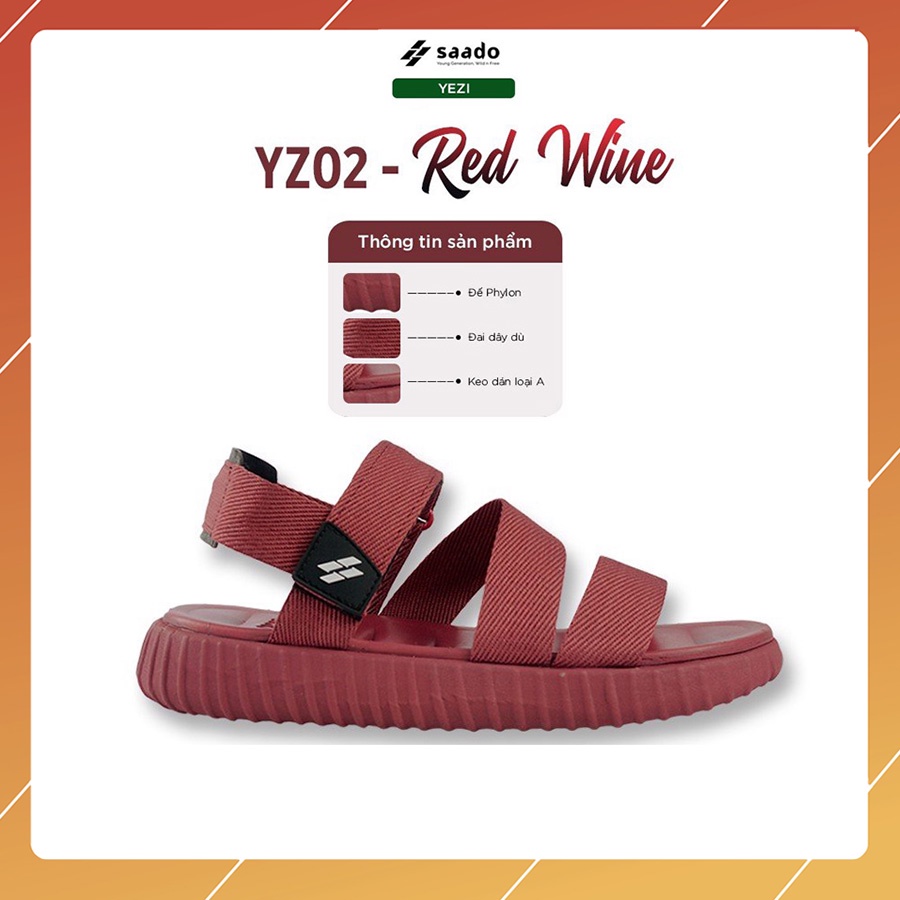 Sandal Saado chính hãng YZ02 màu đỏ đô đế yezi, Dép quai sau đi học nữ siêu nhẹ bền không gây mùi