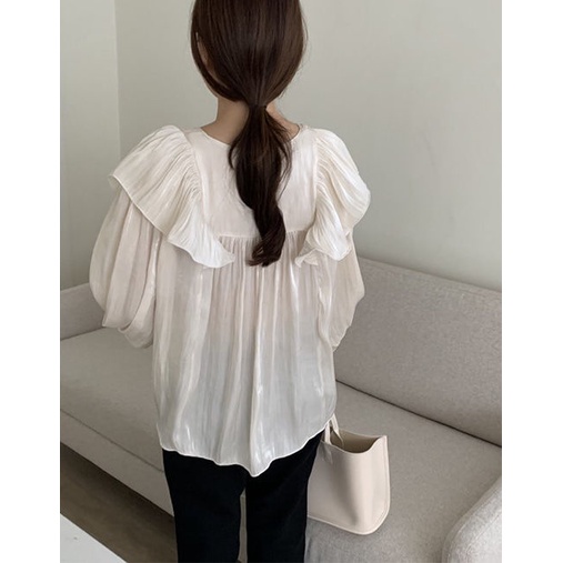 Áo Sơ Mi Tay Dài Phối Bèo Phong Cách Retro Hàn Quốc Thanh Lịch