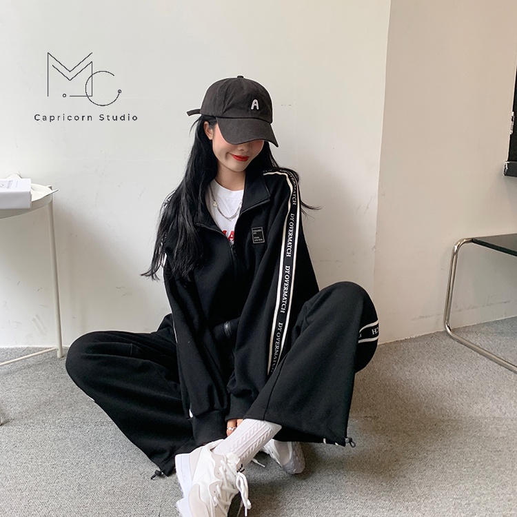 Bộ đồ thể thao màu đen kẻ sọc oversize phong cách Ulzzang Hàn Quốc