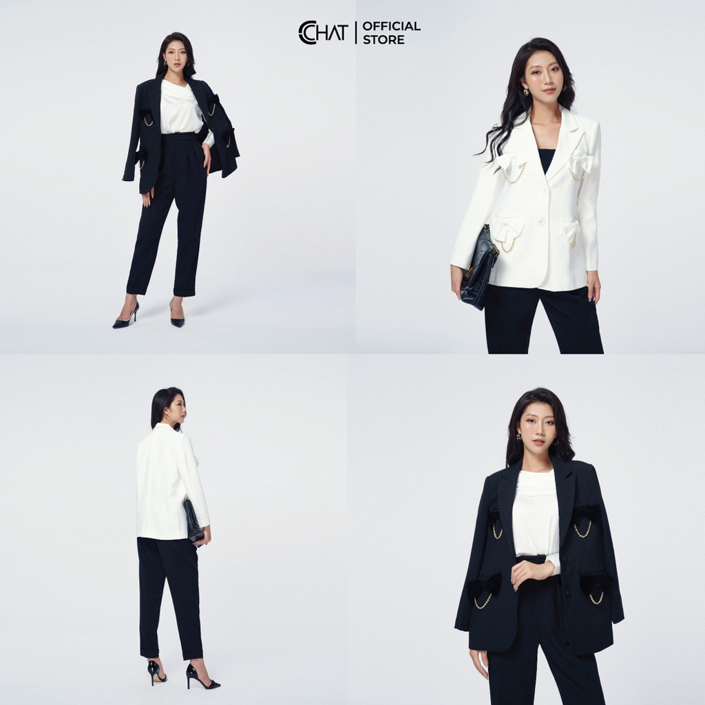 Áo Blazer Nữ 𝐂𝐂𝐇𝐀𝐓 Dáng Suông Phối Nơ Dáng Suông Phong Cách Trẻ Trung Thanh Lịch 21EHS8015ST