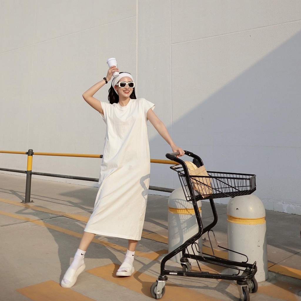 Váy thun dáng suông , đầm thun cotton dáng suông, đầm suông rộng dáng dài 2 màu Đen , Trắng - CHOOSE ME KLP | BigBuy360 - bigbuy360.vn