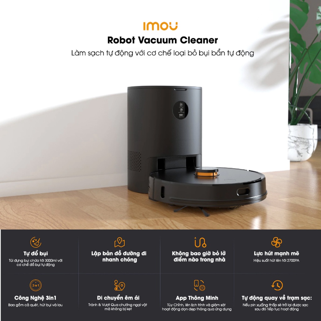 Robot Hút Bụi Lau Nhà Thông Minh IMOU RV-L11-A, tự động xử lý rác, cảm biến tránh vật cản, tự động về trạm sạc