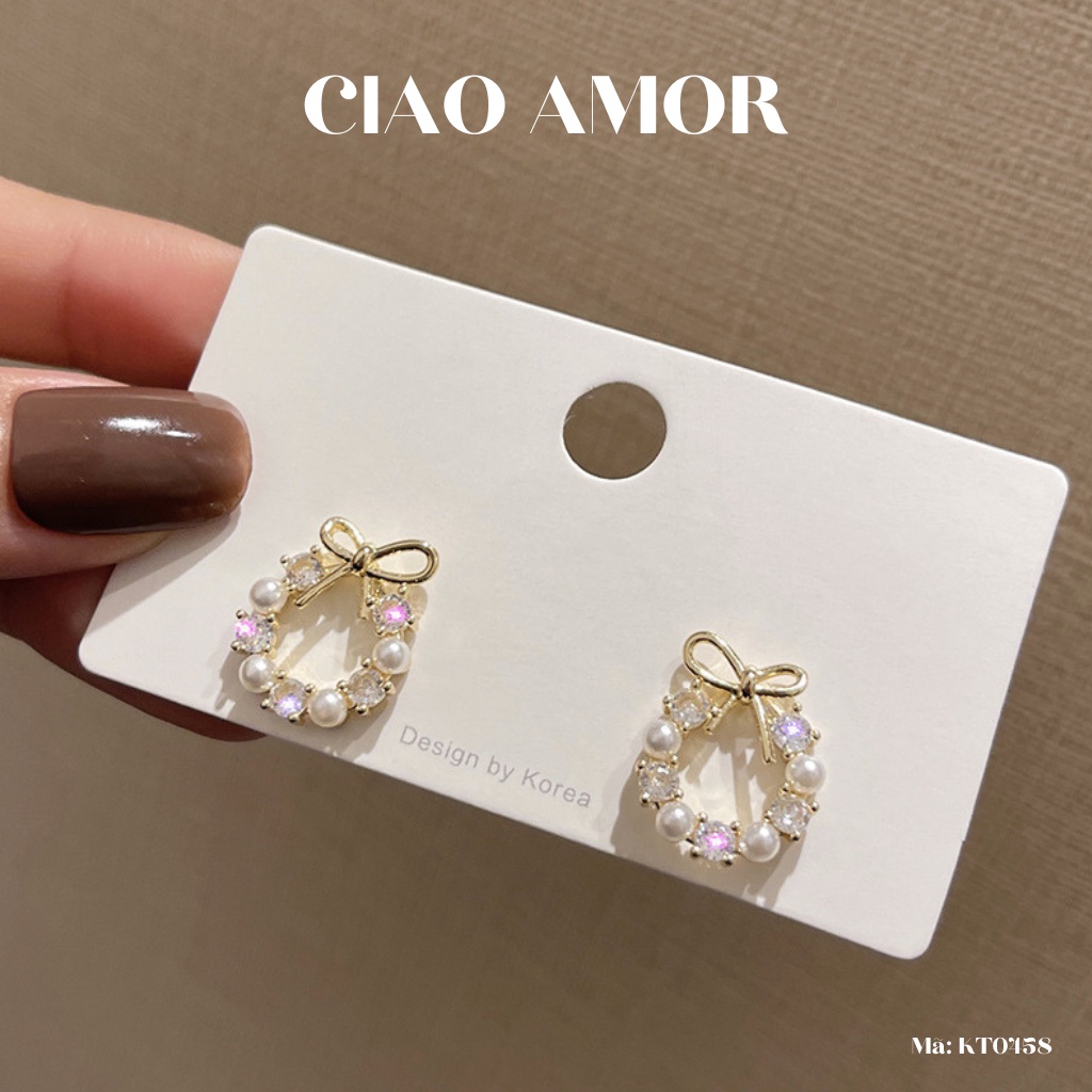 Khuyên tai nữ, Bông tai nữ bạc 925 ôm tai vòng nơ tròn đính đá ngọc nhỏ Trang sức Ciao Amor - KT0458