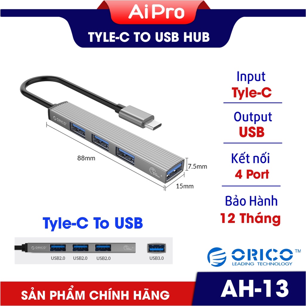 Bộ chia USB Type-C ra 4 cổng USB 3.0 - ORICO AH-13 - Vỏ nhôm - Bảo hành 12 tháng