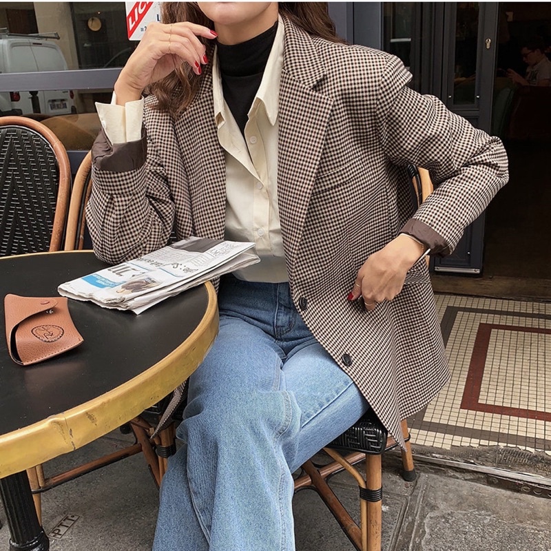 Áo blazer hai lớp túi nắp kẻ ziczac - Áo vest phong cách Hàn Quốc hoạ tiết răng sói
