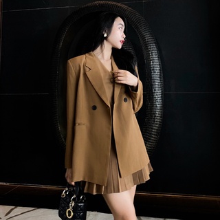 Áo khoác blazer nữ trắng nâu consolism dáng rộng hai lớp dài tay trendy chica ak002