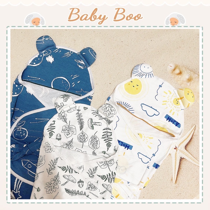 Ủ kén cotton liền mũ có mở khoá size 0-6m [ babyboo]