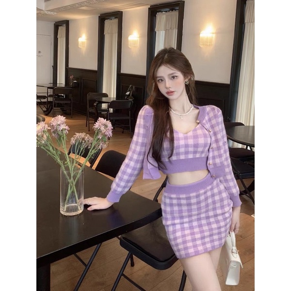 Set len sọc ca rô 3 món áo khoác dài tay+áo croptop 2 dây+chân váy ôm tiểu thư SAM SAM BOUTIQUE