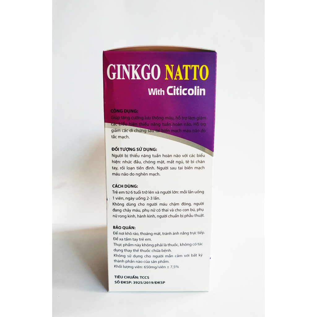 HOẠT HUYẾT DƯỠNG NÃO GINKGO NATTO WITH CITICLIN COENZYM Q10 - CẢI THIỆN MẤT NGỦ, ĐAU NỬA ĐẦU, RỐI LOẠN TIỀN ĐÌNH - 100V