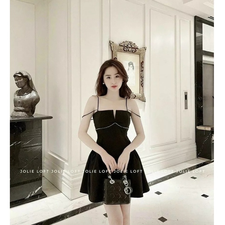 Đầm váy nữ xòe 2 dây vải umi đính kim sa sang trọng quý phái tôn dáng trẻ trung sang trọng thanh lịch siêu xinh