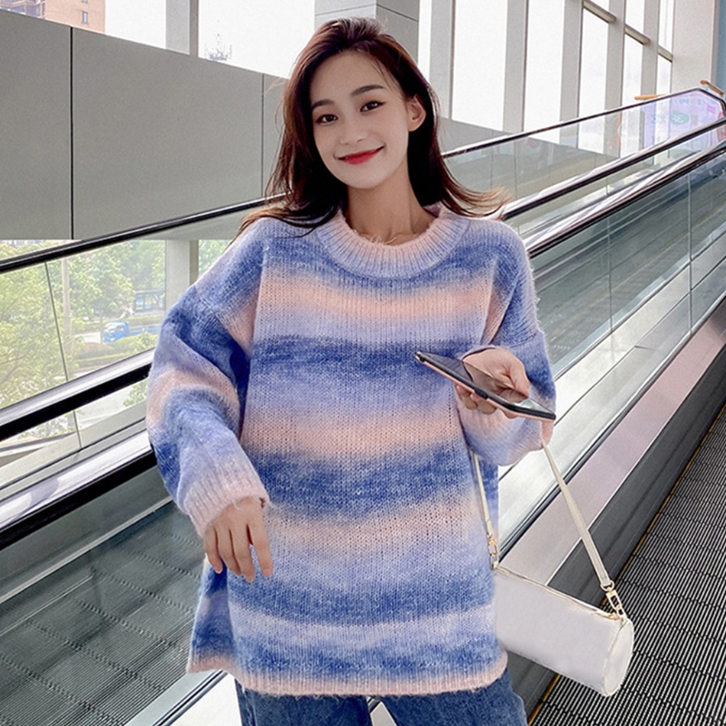 Áo Len Nữ Tay Dài Dáng Rộng Họa Tiết Sọc Ngang Thời Trang