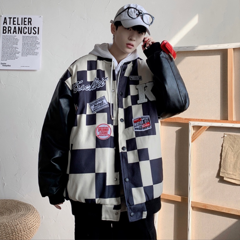 Áo Khoác bomber Một Hàng Nút Tay Dài Dáng Rộng Họa Tiết Caro Đơn Giản Thời Trang Phong Cách Hàn Quốc Cho Nam Và Nữ