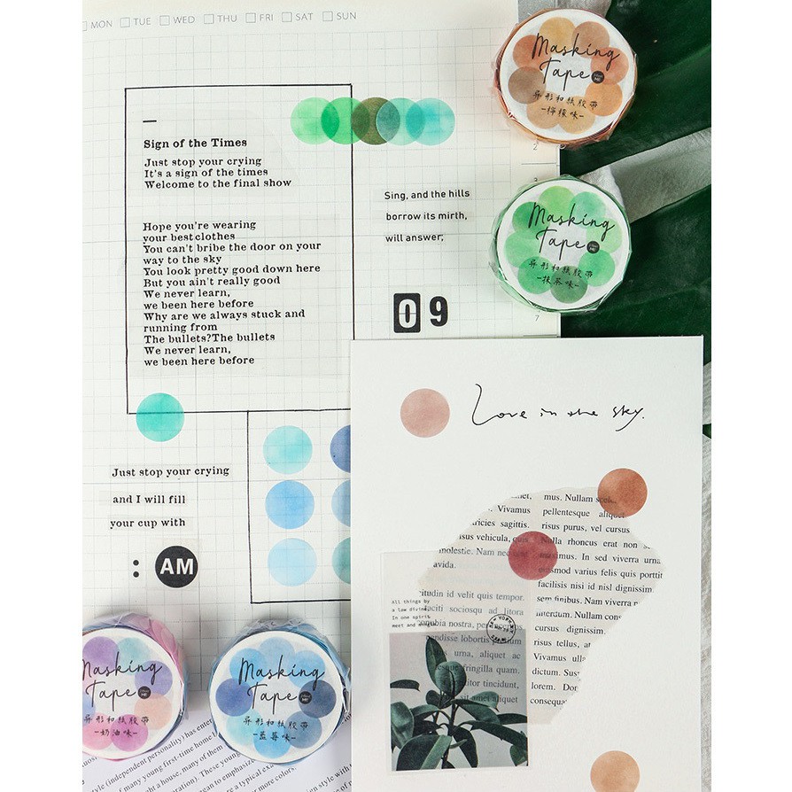 Băng dính tròn màu nước xinh xắn WT107 Gachini