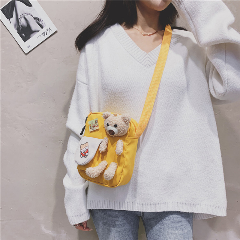 IELGY canvas Korea bear cute Harajuku fashion messenger bag cartoon style Japanese yellow