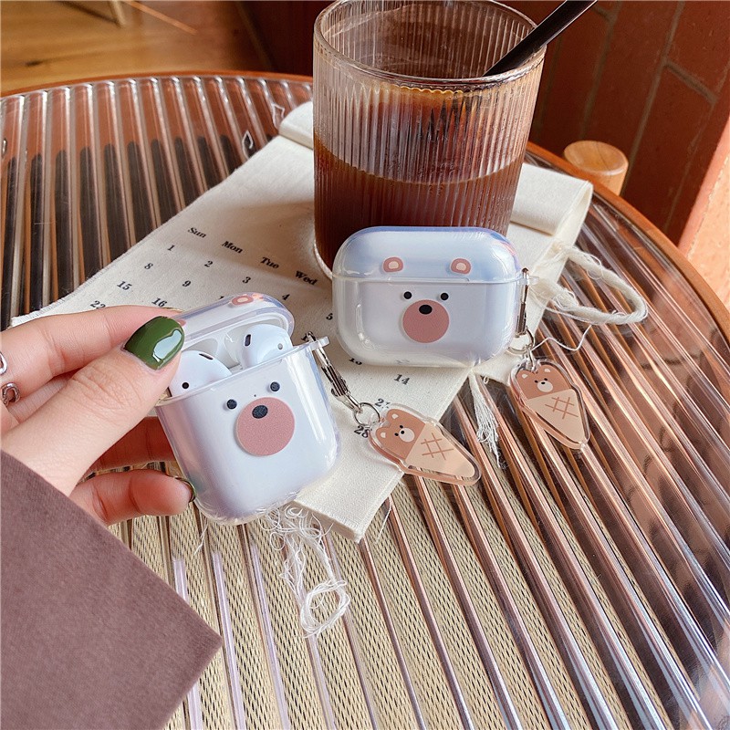 Airpod 1/2 / Pro Vỏ đựng tai nghe trong suốt màu xanh da trời Ban đêm bằng nhựa mềm Mặt dây chuyền Gấu hoạt hình dễ thương Airpods