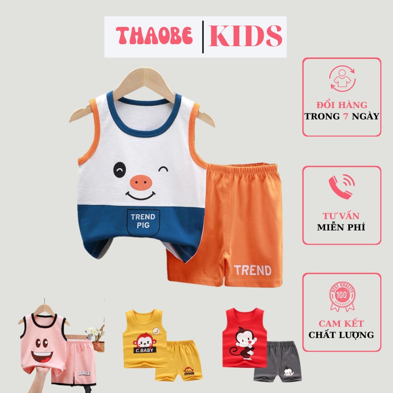 Quần áo bé trai bé gái, Bộ ba lỗ sát nách in hình thú cho bé trai và bé gái cân nặng từ 5-22kg THAOBEKIDS