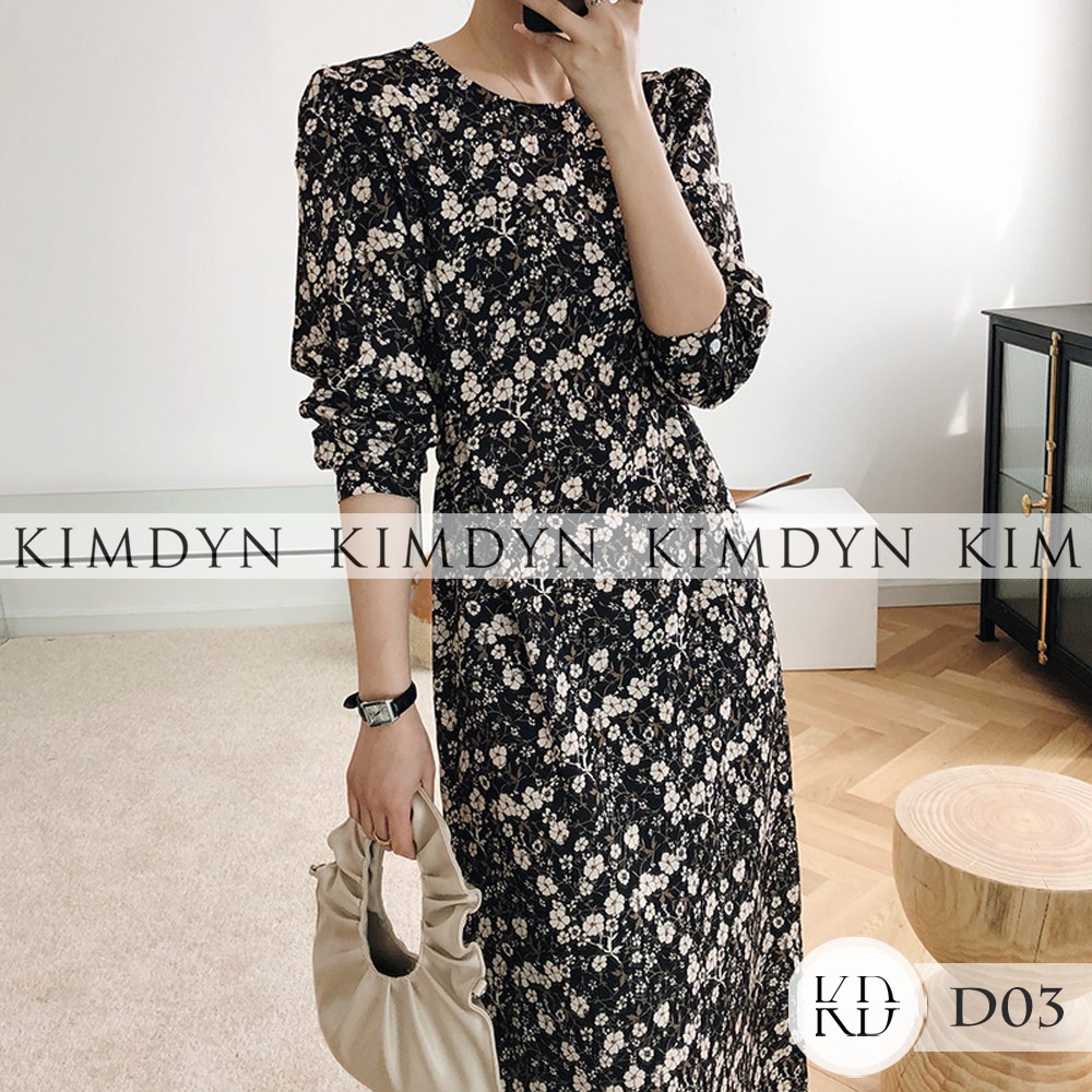 Đầm hoa nhí đầm vintage dáng dài thắt eo KimDyn [KDD03]