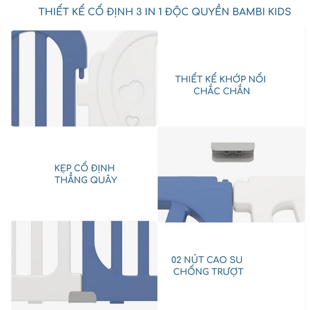 Quây Cũi Nhựa Bambi Kids Trắng Ghi Cao Cấp, Cũi Nhựa HDPE Không Mùi An Toàn Tuyệt Đối Cho Bé