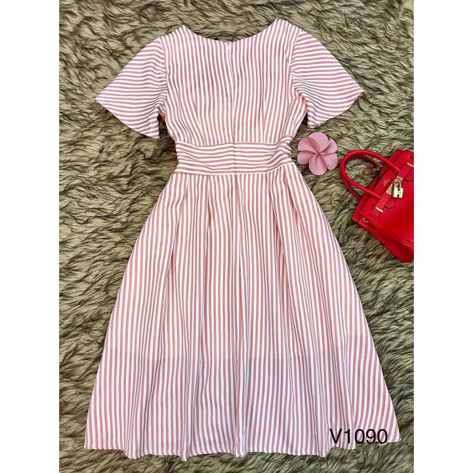 [ xả kho ] MiD Đầm Nữ Xòe Sọc Cổ V Cài Hoa Thanh Lịch Thời Trang V1090 Mie Design kèm ảnh thật