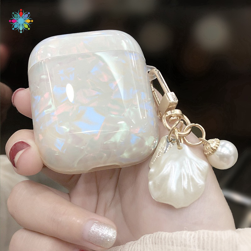 Vỏ bảo vệ hộp tai nghe ánh kim cương laser sang trọng dây phối hai hạt ngọc trai cho Airpods Pro Air Pods Airpods 3
