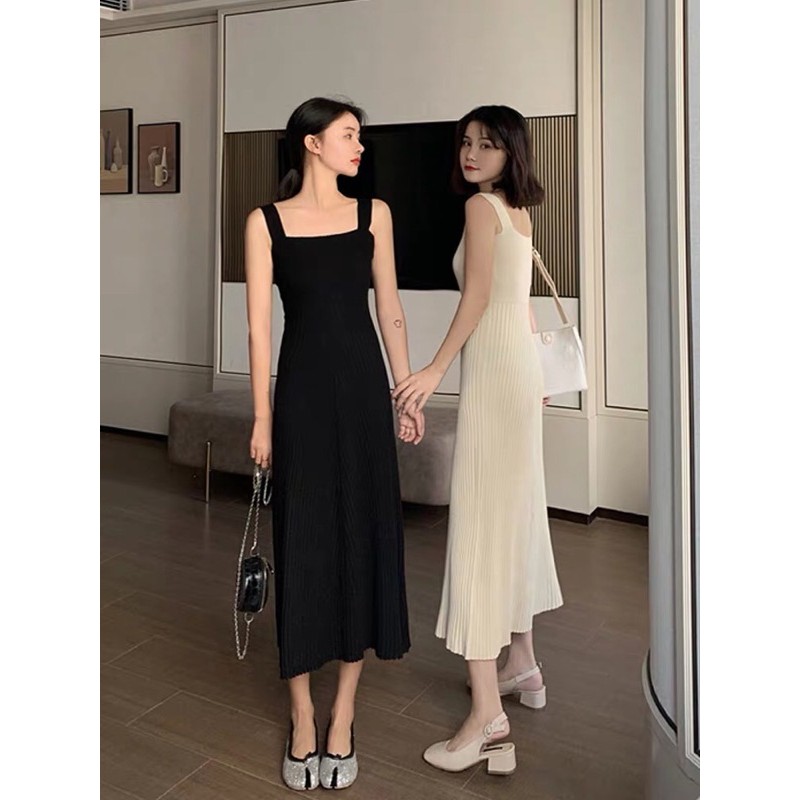 Váy len 2 dây bản to cổ vuông dáng dài xoè nhẹ hoạ tiết xương cá lạ mắt xinh xắn thu đông 2020