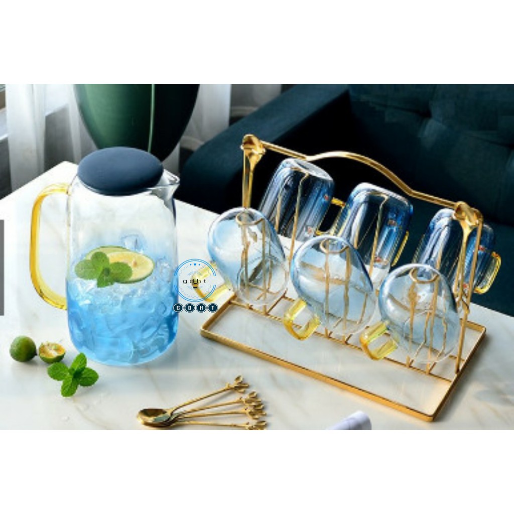 (SẴN) Bình cốc thủy tinh xanh nước biển  cao cấp , chịu nhiệt phong cách Bắc Âu A87