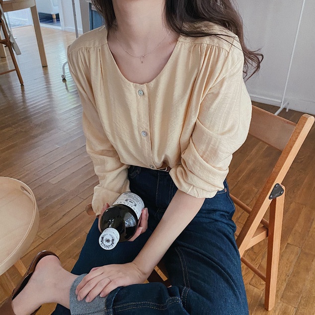 SUXI Áo Sơ Mi Tay Dài Cổ Tròn Màu Sắc Đơn Giản Dễ Phối Đồ Cho Nữ