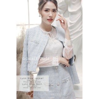 Set áo khoác + chân váy dạ tweed Lynn Blue đính hạt thủ công, khuy đá cao cấp