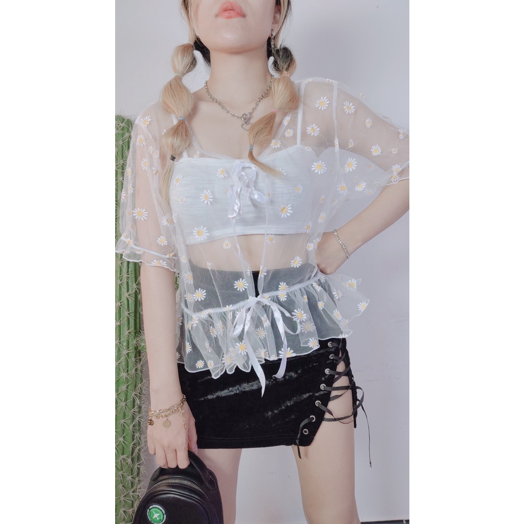 (Ảnh Thật / Sẵn ) Áo Hoa Cúc Lưới mỏng tặng kèm Áo 2 dây Dollahouse | BigBuy360 - bigbuy360.vn
