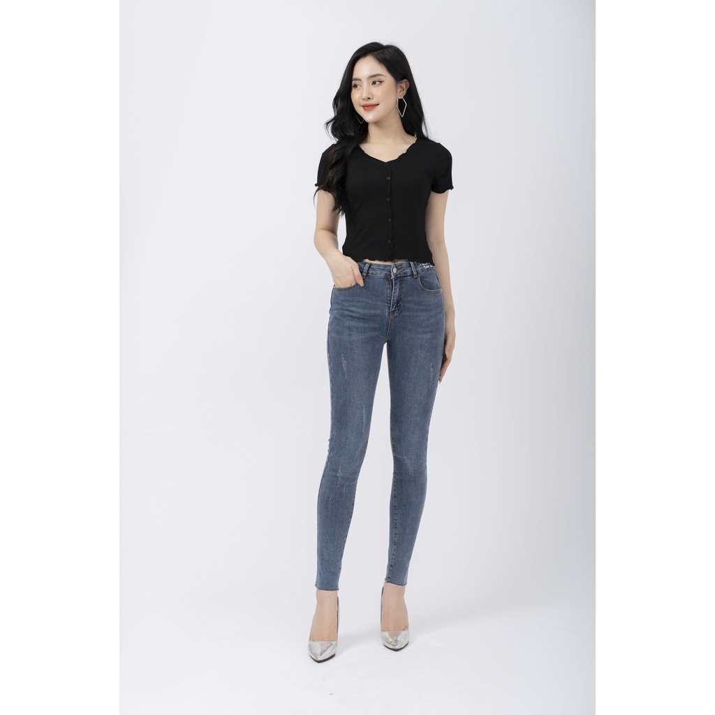 Quần bò dáng ôm, quần Jeans nữ in chữ trang trí cạp FIONA B342011
