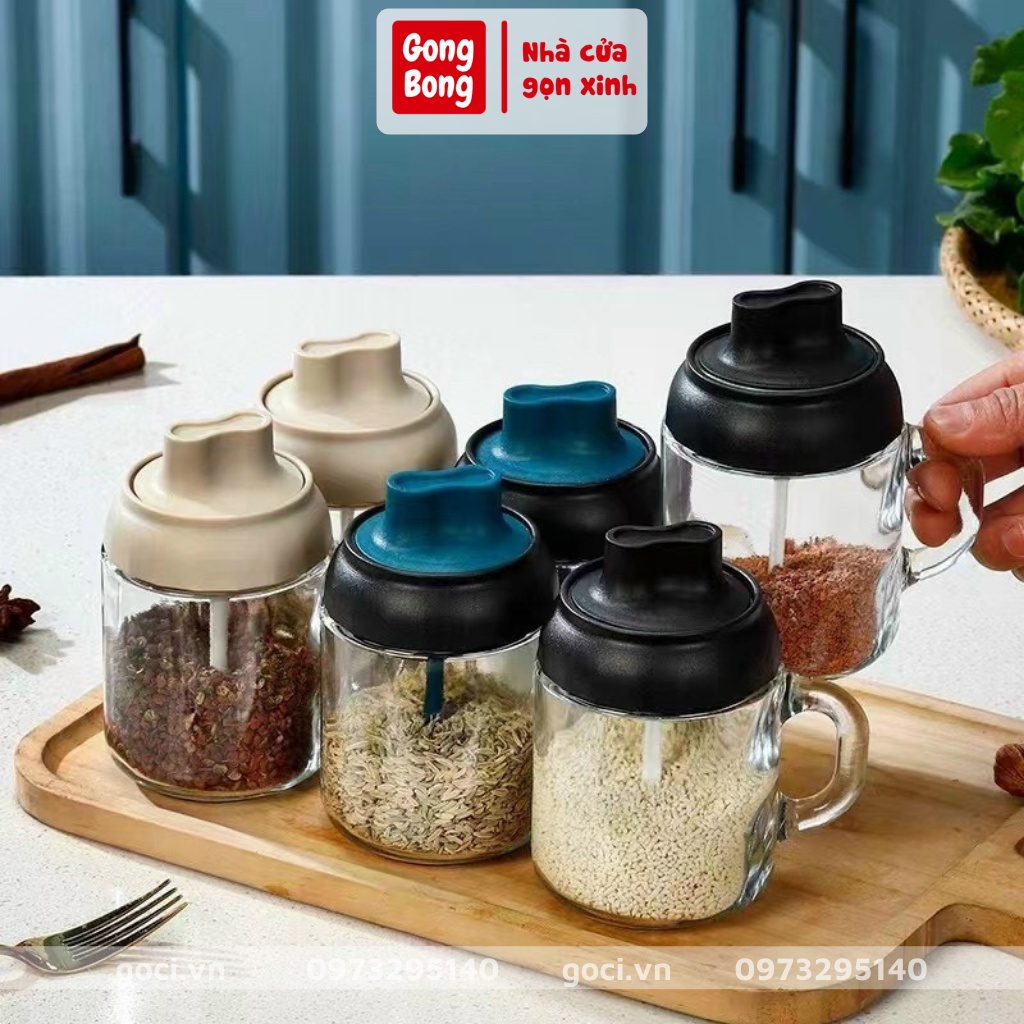 Lọ đựng gia vị hũ thủy tinh có tay cầm dung tích 450ml kèm muỗng thìa cao cấp có nắp kín gioăng cao su chống ẩm