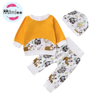 Bộ áo dài tay + quần dài + mũ Mikrdoo họa tiết hoạt hình dễ thương cho bé